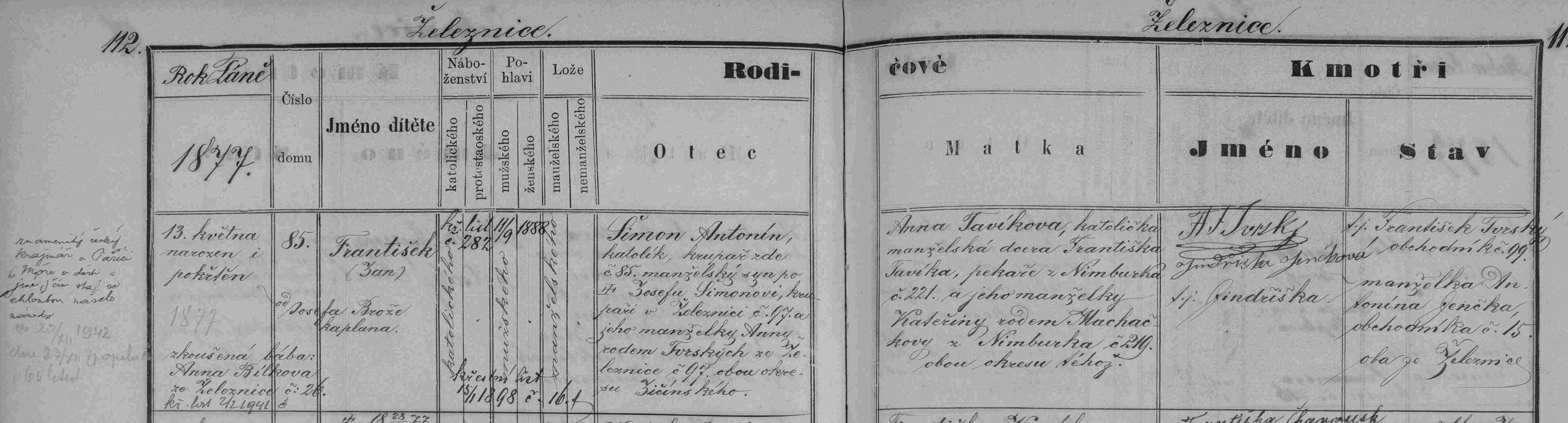 registrazione anagrafica della nascita e del battesimo di František Šimon.